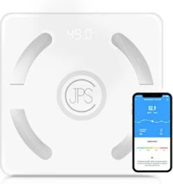 JPS Care® Personenweegschaal - Smart Weegschaal - Met 12 Lichaamsanalyse & Vetpercentage Metingen - Digitaal - Bluetooth Met App - Oplaadbaar Met 6 Maanden Batterij - Wit