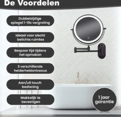 Make Up - Spiegel - Led Verlichting - 10X Vergroting - 3 Lichtstanden - Wandspiegel Rond - Badkamer - Mat Zwart - Draadloos -Cosmetica Serie Winkel 1200x1160