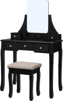 Merkloos Kaptafel, Kaptafel Met Grote Spiegel Zonder Frame, Toilettafel, Kaptafel, Voor Make-up, Gewatteerde Kruk, 5 Laden, Verplaatsbare Opbergdoos, Zwart RDT25BK -Cosmetica Serie Winkel 747x1200