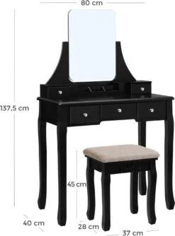 Merkloos Kaptafel, Kaptafel Met Grote Spiegel Zonder Frame, Toilettafel, Kaptafel, Voor Make-up, Gewatteerde Kruk, 5 Laden, Verplaatsbare Opbergdoos, Zwart RDT25BK -Cosmetica Serie Winkel 888x1200